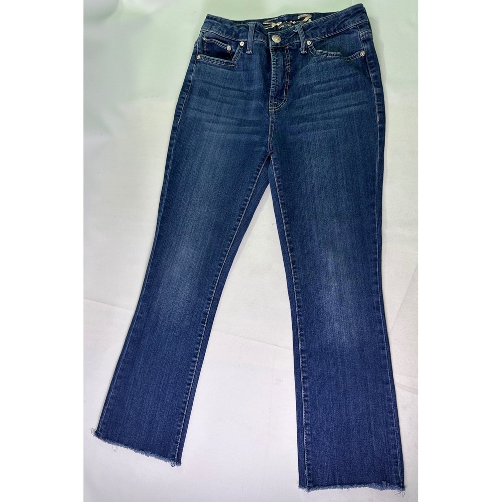 Seven7 Fashion Jean High Rise Cropped Ankle Flare Dark Wash Raw Hem Denim Size 4